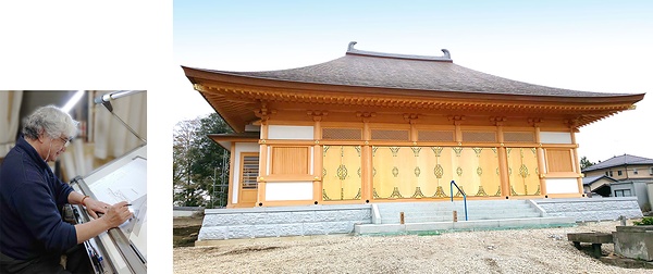 設計に真摯に向き合う池田社長=写真㊧<br>浄土宗法界寺(さいたま市)本堂新築工事=写真㊨