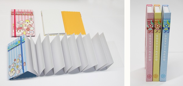 ㊧は「One Side御朱印帳」の表紙と蛇腹の中面、㊨は背表紙