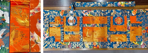 滋賀県の寺院から預かった帯（写真左）と完成した五條袈裟（同右）