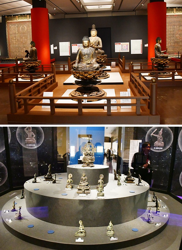 上：密教の神髄「マンダラ世界」を立体的に表現した展示室<br>下：貴重な立体曼荼羅の遺品「金剛界曼荼羅彫像群」（インドネシア国立中央博物館）
