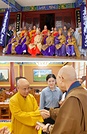 上：草堂寺で読経した身延山久遠寺の僧侶と中国僧。前列左から3人目は持田法主<br>下：演覚・中国仏教協会会長㊧と再会を喜び合う持田法主
