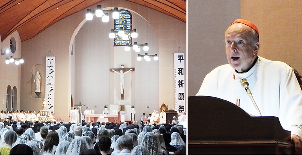 ㊧浦上天主堂で営まれたミサで平和を祈願する日米の聖職者ら<br>㊨「原爆投下は正当化できない」と語るマケロイ枢機卿