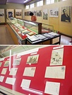 ㊤展示室の風景<br>㊦三木がドイツから西田幾多郎宛てに送った新発見の絵はがき