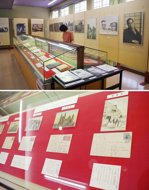㊤展示室の風景<br>㊦三木がドイツから西田幾多郎宛てに送った新発見の絵はがき