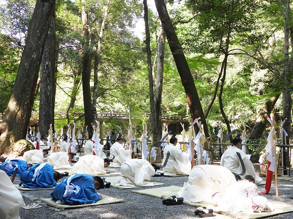 並んで一斉に祝詞を開く9人の神職