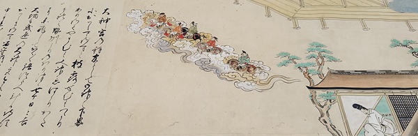 中国の神々が神使のサルに先導され、馬に乗って日吉山王社に向かう様子を描く『日吉山王利生記』巻八(大谷大博物館蔵)