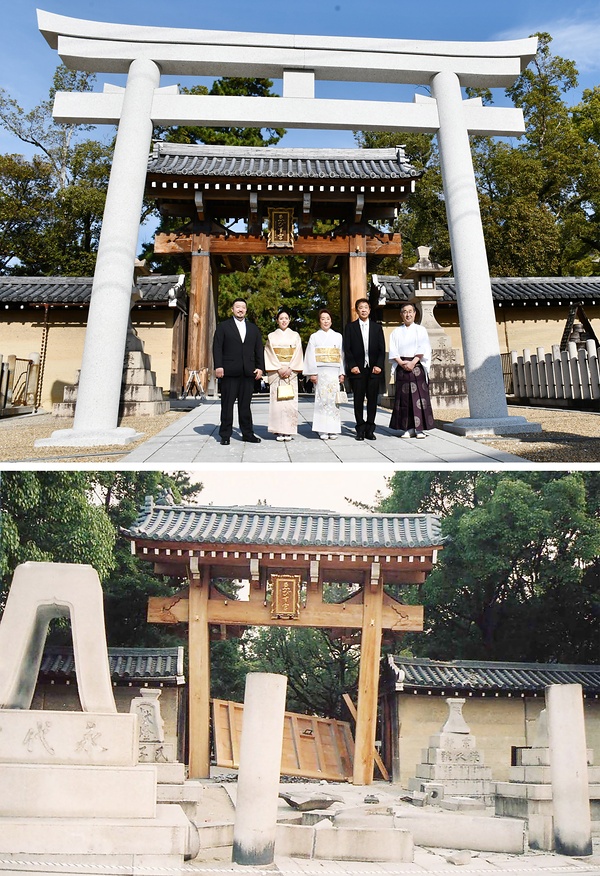 ㊤30年ぶりに再建された西宮神社南門前の石鳥居（右から2人目が奉納した濱田社長）<br>㊦阪神・淡路大震災で倒壊した南門前石鳥居（当時の様子）