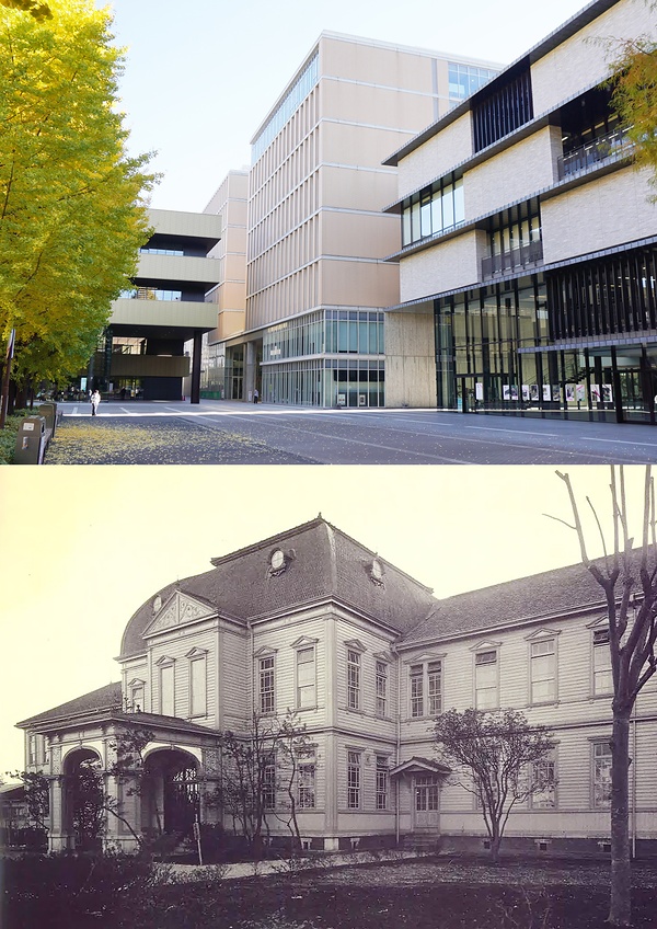 ㊤現在のキャンパス風景（3、5、7、8号館）<br>㊦前身の宗教大学時代から1968年まで使用されていた大正大本館