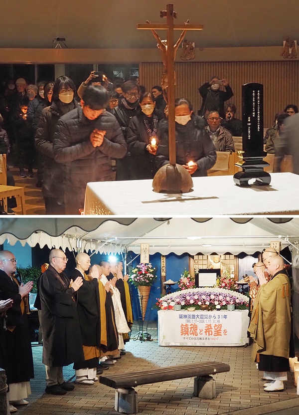 ㊤教会内に青年僧の読経が響く中、住民らが焼香した<br>㊦あわせの地蔵で読経する青年僧ら