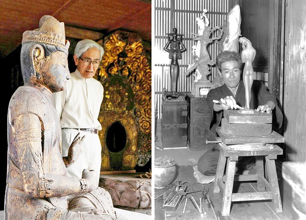 ㊧県立歴史館退職後、県内の仏像をくまなく実地調査した後藤道雄の成果は文化財新指定や修復に生かされた（2010年）<br>㊨水戸市谷田町の侘びたアトリエで後藤清一が作り出した彫刻は深い精神性を感じさせ、今なお人を魅了する（1957年）