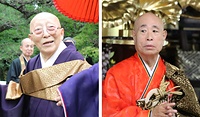 ㊧参列者に見送られ退山する沢田法主㊨参列者を前に垂示する髙木新法主
