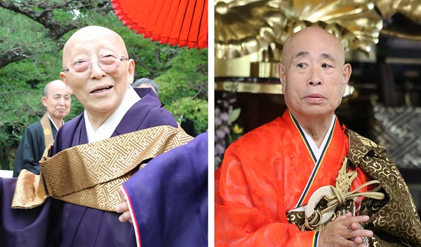 ㊧参列者に見送られ退山する沢田法主㊨参列者を前に垂示する髙木新法主