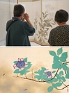 ㊤単眼鏡を使って作品を鑑賞する来場者<br>㊦横山大観「八仙花」（部分、1935年、絹本彩色）