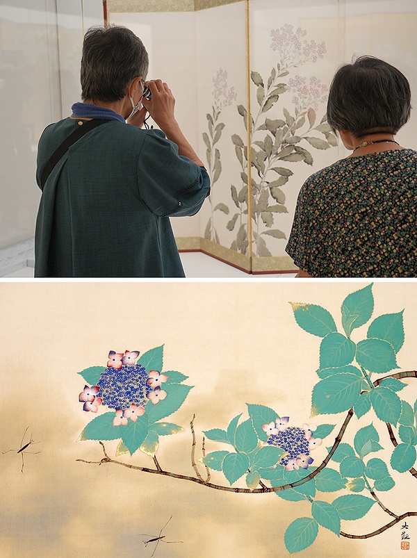 ㊤単眼鏡を使って作品を鑑賞する来場者<br>㊦横山大観「八仙花」（部分、1935年、絹本彩色）