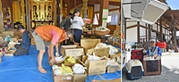 ㊧本堂に集まった支援物資を仕分ける糸山住職（手前）<br>㊨ペット用ケージを搬入する増子氏