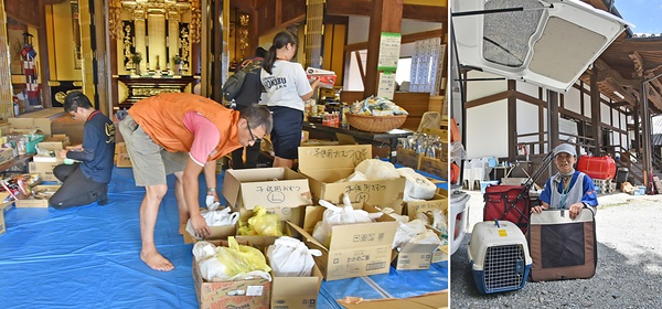 ㊧本堂に集まった支援物資を仕分ける糸山住職（手前）<br>㊨ペット用ケージを搬入する増子氏